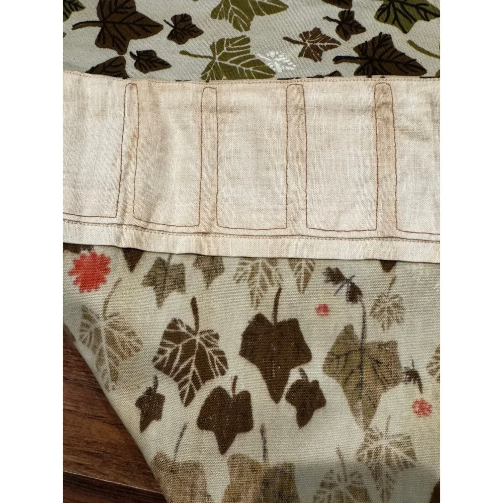 Handmade Leaf Print Curtain Panels 4pc 45x82 Floral Vintage MCM Ivy green beige